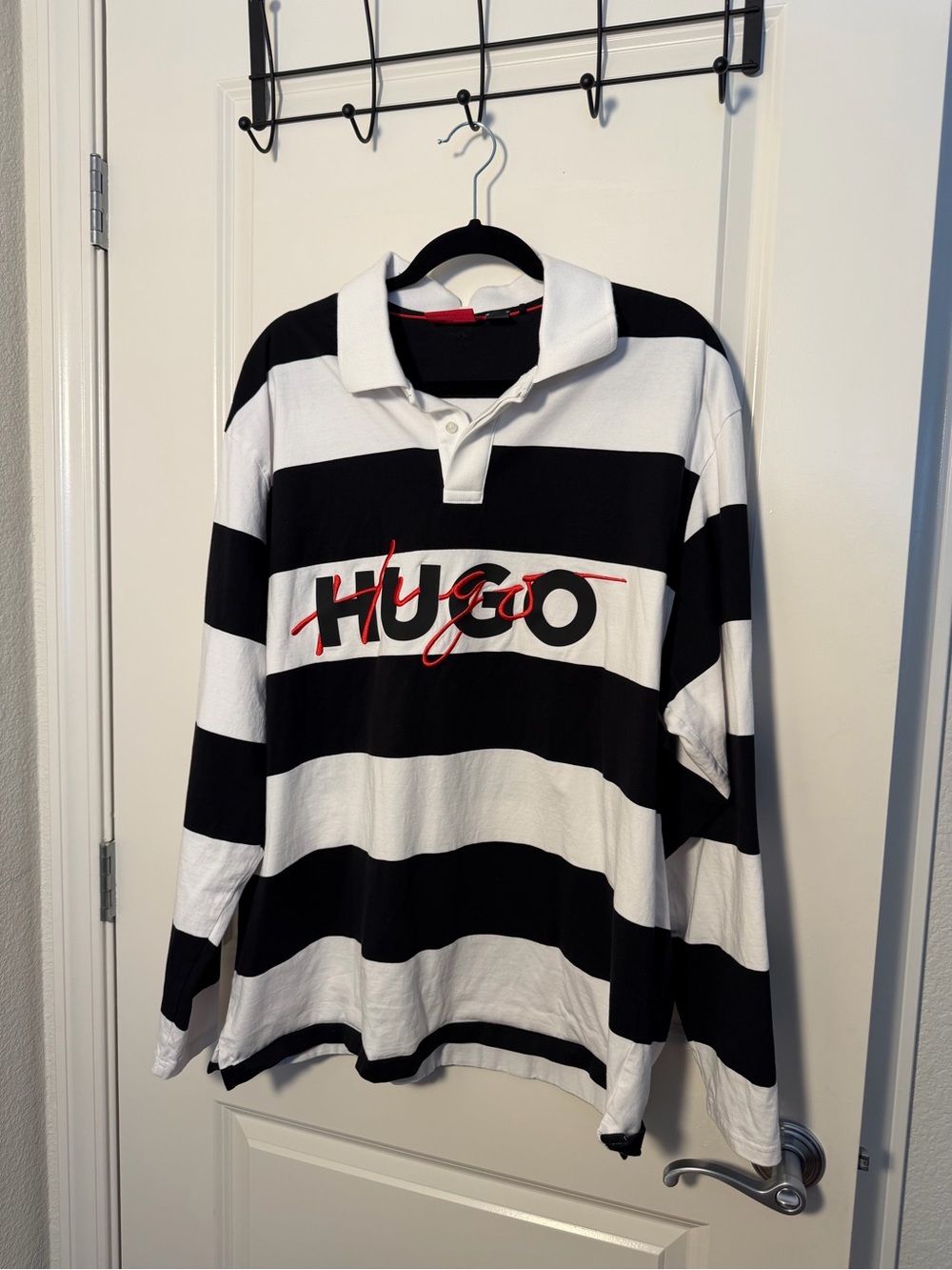 HUGO Black & White Striped Rugby Polo with Red Script Logo